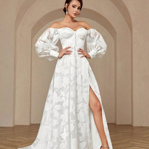 White Wedding Fishbone Single Shoulder Split Breasted Long Lantern Sleeve Dress - Picture 5 of 5